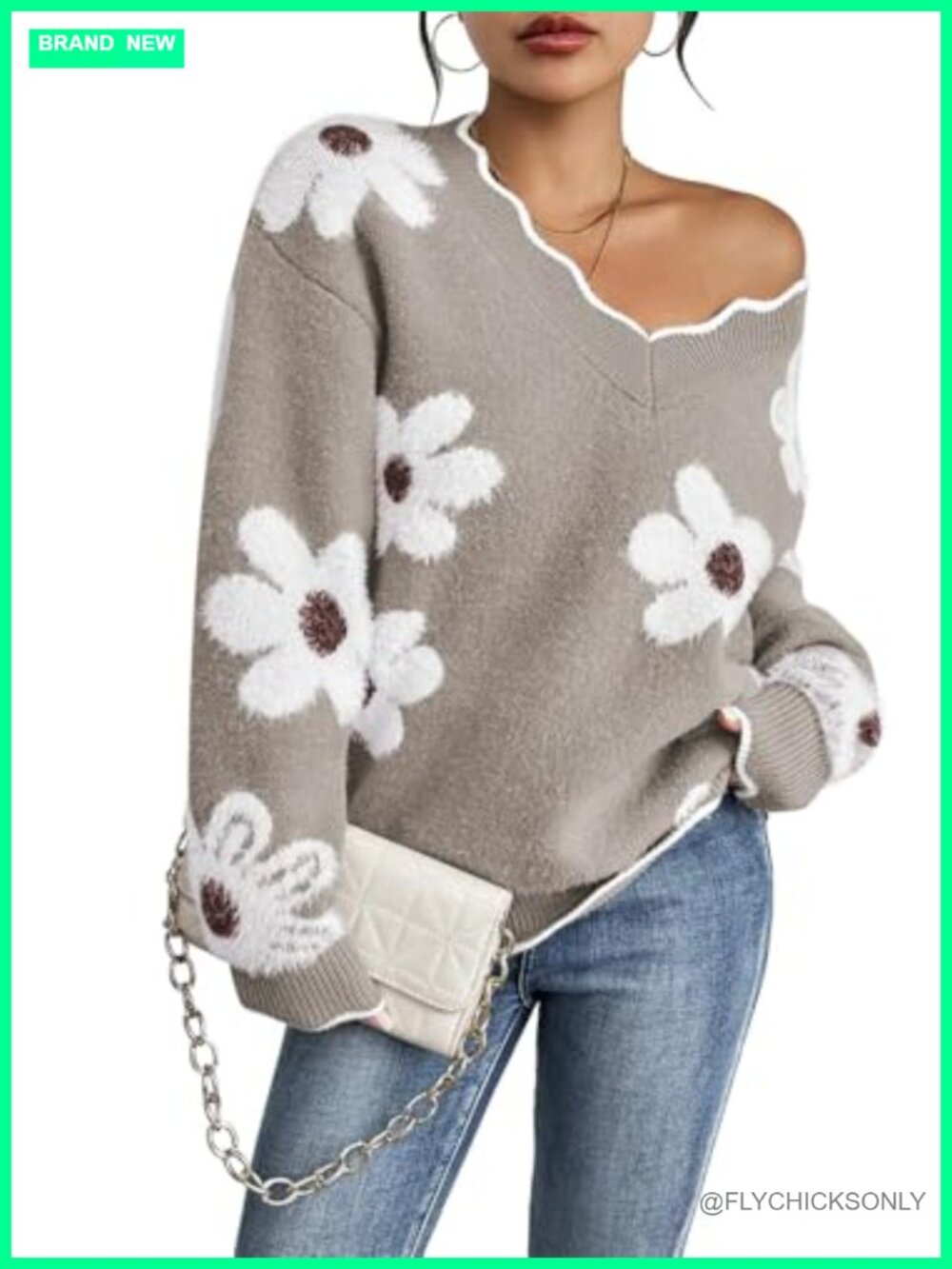 Oversized V-Neck Fuzzy Chunky Knit Pullover Sweater Long Sleeve